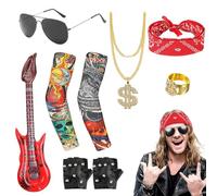 Katslyn 9 Pieces Rock Star Fancy Dress Costumes, 80s Rock Star Costume Punk Accessories For Boys, Rock Star Costume Set With Gloves Tattoo Sleeves, Gloves, Bandanas, Rings And More