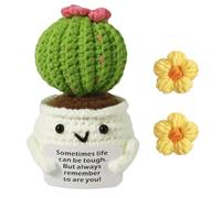 Katslyn Crochet Positive Cactus,Positive Handmade Knitted Plants Cactus Doll Toy,Funny Potato Emotional Support with Encouraging Card&2 Flower Woven Puffs for Desk Home Classroom Birthday Gifts Decor