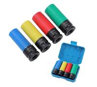 KATSU 1/2 Inch Drive Wheel Protector Impact Deep Socket Set 17mm 19mm 21mm 22mm 4PCs Thin Wall Multicolour Metric Lug Nut Sockets, Chrome Moly Steel, Auto Repairing Garage Tool