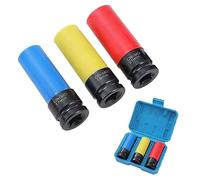 KATSU 1/2 Inch Drive Wheel Protector Impact Deep Socket Set 17mm 19mm 21mm 3PCs Thin Wall Multicolour Metric Lug Nut Sockets, Chrome Moly Steel, Auto Repairing Garage Tool