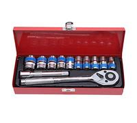 KATSU 1/2 Inch Socket Set 12Cs, 10-24mm in Steel Case Metric Drive with 24-Teeth Quick-Released Ratchet Wrench and 5" Extension Bar, High Grade Chrome Vanadium Steel, Auto Repairing Garage Tool