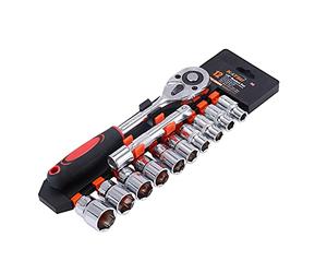 KATSU 1/2 Inch Socket Set 12Pcs, 10-24mm Metric Drive with 24-Teeth Quick-Released Ratchet Wrench and 5" Extension Bar, High Grade Chrome Vanadium Steel, Auto Repairing Garage Tool 420343