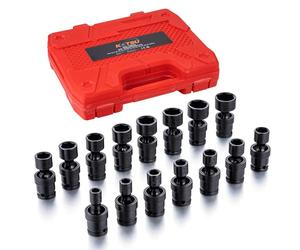 KATSU 3/8" Drive Impact Swivel Socket Set 15PCs Metric 8-22mm 6 Point Wobble Shallow Sockets, Chrome Moly Steel, Mechanical Tool Auto Repairing Garage 420411