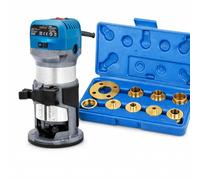 KATSU 710W Wood Trimmer Router Bundle with 10pc Brass Guide Bush Set, 1/4" & 3/8" Collets, Variable Speed Handheld Router for Precision Woodworking