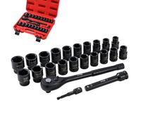 KATSU Tools 1/2" Drive Impact Socket Wrench Set, 23-Piece, 6-Point, Inch & Metric Sockets 7/16"- 1" and 13-24mm, Cr-V, 72-Teeth Quick Release Ratchet Wrench, Extension Bar, Adapter & Plastic Case
