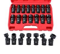 KATSU Tools 1/2-Inch Drive Swivel Impact Socket Set 15-Piece, Metric, 10-24mm, 6-Point, CR-MO Steel, Universal Flexible Wobble Shallow Sockets 420412