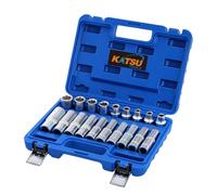 KATSU Tools 19-Piece 1/2" Drive Socket Set, CR-V Torx Socket, E Type E8 - E24, Deep and Short, Plastic Case