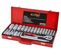 KATSU Tools 24-Piece 1/2" Drive Deep Socket Set - CR-V, 8-32mm Metric, 24 Teeth Ratchet Wrench, Steel Carry Case, Mechanic Tool for DIY, Car Repair