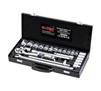 KATSU Tools 24-Piece 1/2" Drive Ratchet Socket Set - CR-V, 6-Point, 8-32mm Metric, 72 Teeth Quick Release Ratchet Wrench, Steel Carry Case, Mechanic Tool for DIY, Car Repair