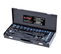 KATSU Tools 24-Piece 1/2" Drive Socket Set - CR-V, 6-Point, 8-32mm Metric, 72 Teeth Quick Release Ratchet Wrench, Steel Carry Case, Mechanic Tool for DIY, Car Repair