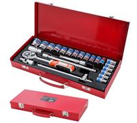 KATSU Tools 24PCs 1/2" Drive Socket Set, CR-V, 8-32mm Metric Sockets, 24-Teeth Quick-Release Ratchet Wrench and Extension Bar in Steel Box, Mechanic Tool Set for DIY, Car Repair