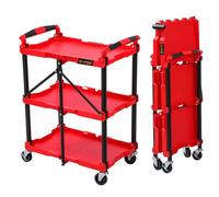 KATSU Tools 3 Tier Service Cart, Foldable, Utility Rolling Tool Trolley, 150 lbs Load, Locking Wheels, Ergonomic Handles, 83 x 36 x 64cm, for Workshop Garage Home Office and More, Red