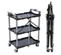 KATSU Tools 3 Tier Service Cart, Foldable, Utility Rolling Tool Trolley, 150 lbs Load, Locking Wheels, Ergonomic Handles, 83 x 36 x 64cm, for Workshop Garage Home Office and More, Black