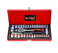 KATSU Tools 40-Piece 1/4" & 3/8" Drive Socket Set - CR-V, 3/16"-3/4" Inch Size and 4.5-19mm Metric Size, 24 Teeth Ratchet Wrench, Steel Carry Case, Mechanic Tool for DIY, Car Repair