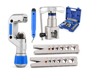 KATSU Tools Metric & Imperial Flaring Tool Kit 45° Eccentric Cone - Tube Cutter & Deburring Tool Set 6-19mm / 1/4"-3/4" - Brake Pipe & Copper Tube Flaring Kit, Model 371217