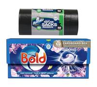 Katsy Style Bold All-in-1 Pods Washing Liquid Capsules Exotic Bloom 28 Washes + Buffalo Flat Top Ultra Strong Refuse Sacks 50l 30 Pack