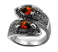 Katy Craig Ring with Black and Red CZ Stones Rhodium Plated Silver Alloy Medium Size UK O