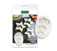 Katy Sue Holly Trio Silicone Mould for Christmas Cookie, Cake Decorating & Craft. Makes 3 Sizes of Holly & Berries - 30 x 54 x 6, 22 x 38 x 6 & 18 x 26 x 3 Millimetres. For Fondant, Sugar Paste & Clay