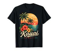 Kauai Hawaii Retro Sunset Hibiscus Flower Palm Tree Beach T-Shirt
