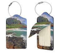 Kauai Hawaii Seashore Luggage Tag for Suitcase PU Leather Suitcase Tag with Stainless Steel Loop and Address Card Baggage Tags Cute Bag Name Travel Tags ID Labels for Women Men, Black, 1