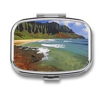 Kauai Hawaii Seashore Pill Box 2 Compartment Portable Pill Case Daily Square Pill Organizer for Pocket Purse Daily Medicine Container to Hold Vitamins Fish Oil Travel Gifts