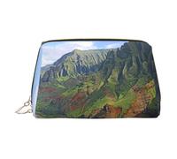 Kauai Hawaii Seashore Print Premium Leather Toiletry Travel Pouch with Waterproof Portable Pouch Open Flat Makeup Bag