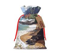 Kauai Hawaii Seashore Printed Christmas Drawstring Bags for Party Xmas Gift Wrapping, Red Ribbon, M