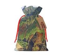 Kauai Hawaii Seashore Printed Christmas Drawstring Bags with Red Christmas Ribbon - Reusable Burlap Drawstring Gift Pouches, M