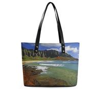 Kauai Hawaii Seashore Tote Bag Large Soft Leather Purse with Zipper Lightweight Ladies Shoulder Handbag