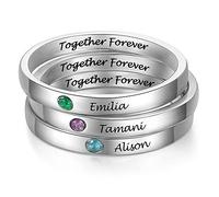Kaululu 3PCS Personalised Womens Ring with Simulated Birthstone Women Customized Engraved 3 Names Jewellery bff Rings for 3 Custom Promise Rings for Her