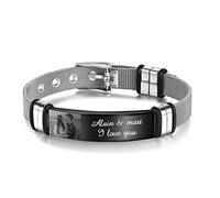 Kaululu Personalised Bracelet for Men with Photo Names Engraved Custom Bracelet with Stainless Steel Adjustable Personalised Gifts for Dad Husband (Black)