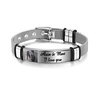 Kaululu Personalised Bracelet for Men with Photo Names Engraved Custom Bracelet with Stainless Steel Adjustable Personalised Gifts for Dad Husband (Silver)