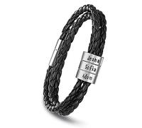 Kaululu Personalised Mens Beads Leather Bracelet with Names Customised Black Bracelet with Silver Charm Beads for Father Dad Family Boyfriend Gift for Birthday Anniversary (Black-3)