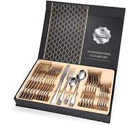 KAV 24pcs Stainless Steel Cutlery Set - Modern Eye Catching Sl esign Knife, Fork, Spoon, Teaspoon with Mirror Finished for Dinner Set, Gift (Silver)