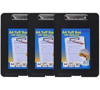 KAV A4 Black Strong Plastic Clipboard with Storage Box - Weatherproof Tuff Box File - Durable Organizer for Stationery, Tools & Equipment - Translucent Polypropylene Box with Metal Clip - Pack of 3