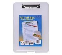 KAV A4 Clear Strong Plastic Clipboard with Storage Box - Weatherproof Tuff Box File - Durable Organizer for Stationery, Tools & Equipment - Translucent Polypropylene Box with Metal Clip - Pack of 1