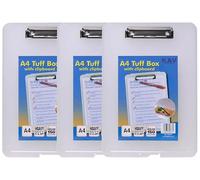 KAV A4 Clear Strong Plastic Clipboard with Storage Box - Weatherproof Tuff Box File - Durable Organizer for Stationery, Tools & Equipment - Translucent Polypropylene Box with Metal Clip - Pack of 3