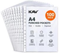 Kav A4 Punched Pockets 100 Pack, 60 Micron Clear Document Sleeves With White Reinforced Spine, Anti-Glare Plastic Wallet For Files