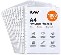 Kav A4 Punched Pockets 1000 Pack, 60 Micron Clear Document Sleeves With White Reinforced Spine, Anti-Glare Plastic Wallet For File