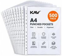 Kav A4 Punched Pockets 500 Pack, 60 Micron Clear Document Sleeves With White Reinforced Spine, Anti-Glare Plastic Wallet For Files