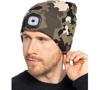 KAV Adults LED Beanie Hat Khaki Camo - Knitted Winter Hat with Built-in LED Light, Hands-Free Visibility for Workwear, Jogging, Dog Walking, Fishing & Camping
