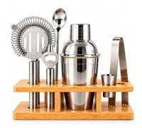 KAV Cocktail Shaker Set with Bamboo Stand - 10 Piece Stainless Steel Bartender Kit - Home Bar Accessories for Whiskey, Martini & Mixed Drinks - Wedding, Housewarming & Christmas Gift for Men Women