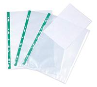 KAV Deluxe Glass Clear A4 Punched Pockets with Green Strip - Heavy Duty, Anti-Glare Finish, Multi-Punched Green Spine, 60 Micron Thickness - Organize and Protect Documents in Style - (100)