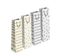 KAV Gold/Silver Patterned Paper Wine Bottle Gift Bag with Rope Holder | Xmas Wrap, Wedding, Anniversary and Birthday Presents | Assorted Designs - 12x36x10 cm (12 Pcs)