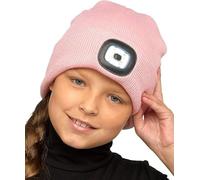 KAV Kids LED Beanie Hat with Built-in Headlight, Pink Knitted Winter Hat for Ages 10-13, Hands-Free Bright Light for Walking, Cycling, Camping & Outdoor Play, CR2032 Batteries Included