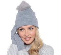 KAV Ladies Winter Bobble Hat And Touchscreen Glove Set - One Size Winter Ear Warmer Set for Women - Light Grey