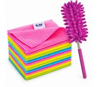 Kav Microfibre Cleaning Cloths & Extendable Telescopic Duster Set - 12 Pack Lint Free Reusable Cleaning Towels With Feather Duster