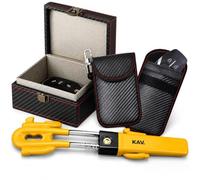 KAV Steering Wheel Lock & Faraday Box Set - Twin Bar Double Hook Anti Theft Car Security Lock with 2 Keys, RFID Signal Blocking Faraday Box and 2 Key Fob Protector Pouches for Keyless Entry Protection