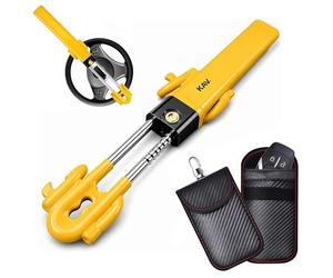 KAV Steering Wheel Lock with Faraday Key Fob Protector Pouch - Twin Bar Anti Theft Car Lock with RFID Signal Blocking Key Bag - Heavy Duty Universal Vehicle Security for Cars Vans SUVs