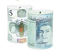 KAV Sterling Money Tin - Piggy Bank, Coin and Cash Box, Savings Container for Birthday, Holiday and Christmas Funds - Cylindrical Shape, Multicolour (15 cm x 10 cm) (Set of 2 £5)